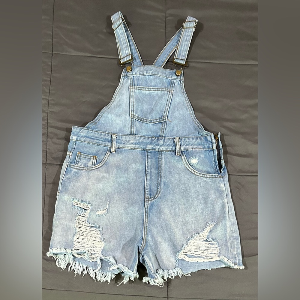 Light Blue SHEIN Jean Overalls Denim Women’s Large L Distressed EUC Raw Hem